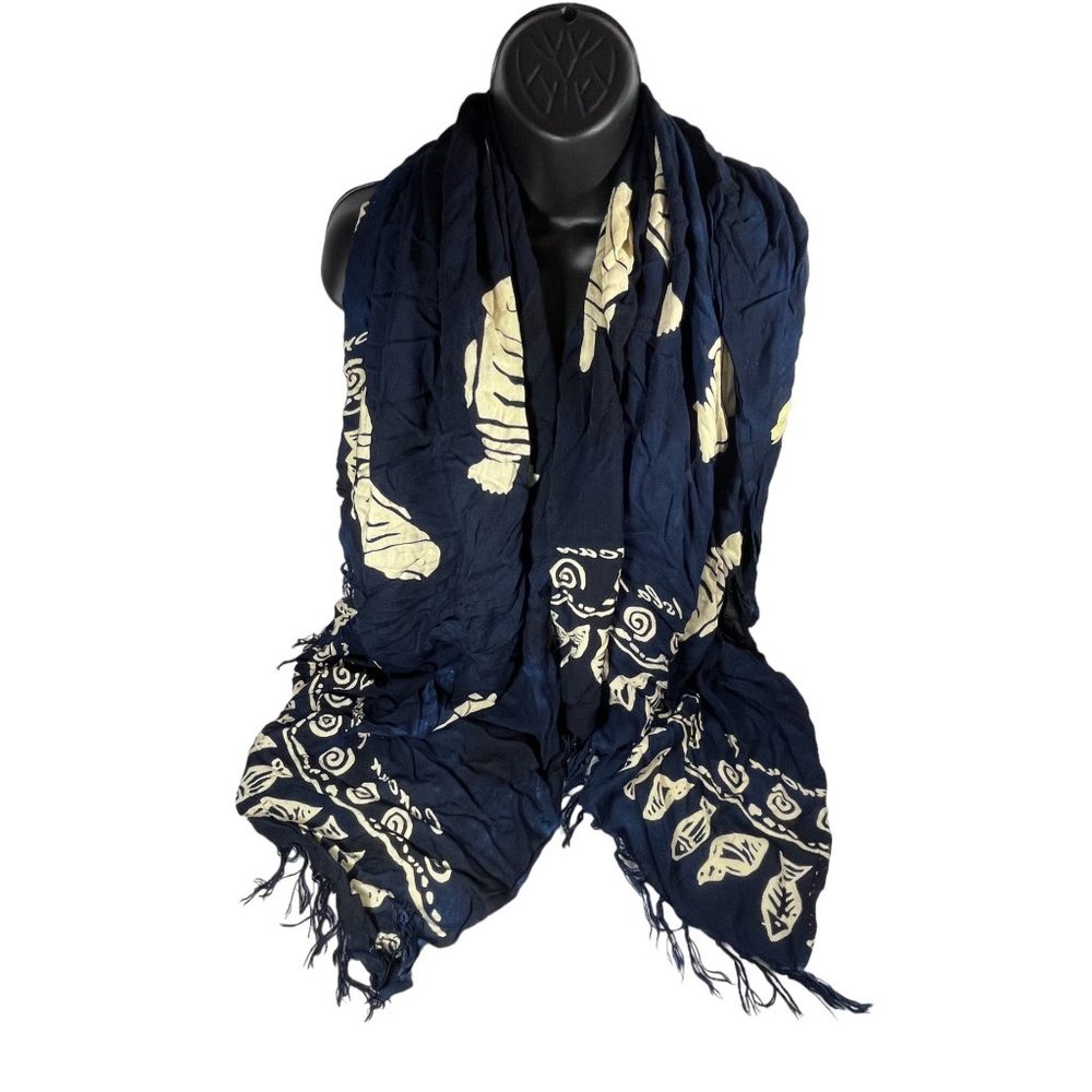Mi Luna Swim Cover Up Fringe Shawl Navy Two Tone Tropical Print Cover Up